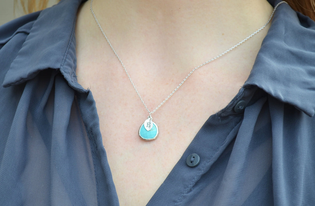 December Birthstone Necklace - Turquoise Birthstone Necklace, Custom Initial Necklace