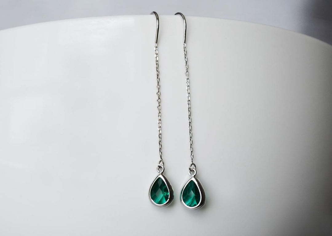 Emerald Birthstone earrings, May Drop earrings, Green Dainty Earrings, Bridesmaid earrings, Threader Tear Drop Earrings, May Birthday Gift