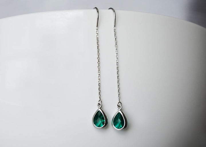 Emerald Birthstone earrings, May Drop earrings, Green Dainty Earrings, Bridesmaid earrings, Threader Tear Drop Earrings, May Birthday Gift