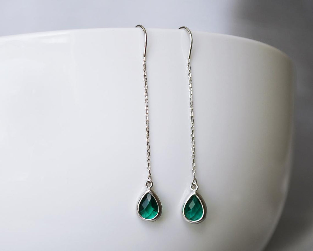Emerald Birthstone earrings, May Drop earrings, Green Dainty Earrings, Bridesmaid earrings, Threader Tear Drop Earrings, May Birthday Gift