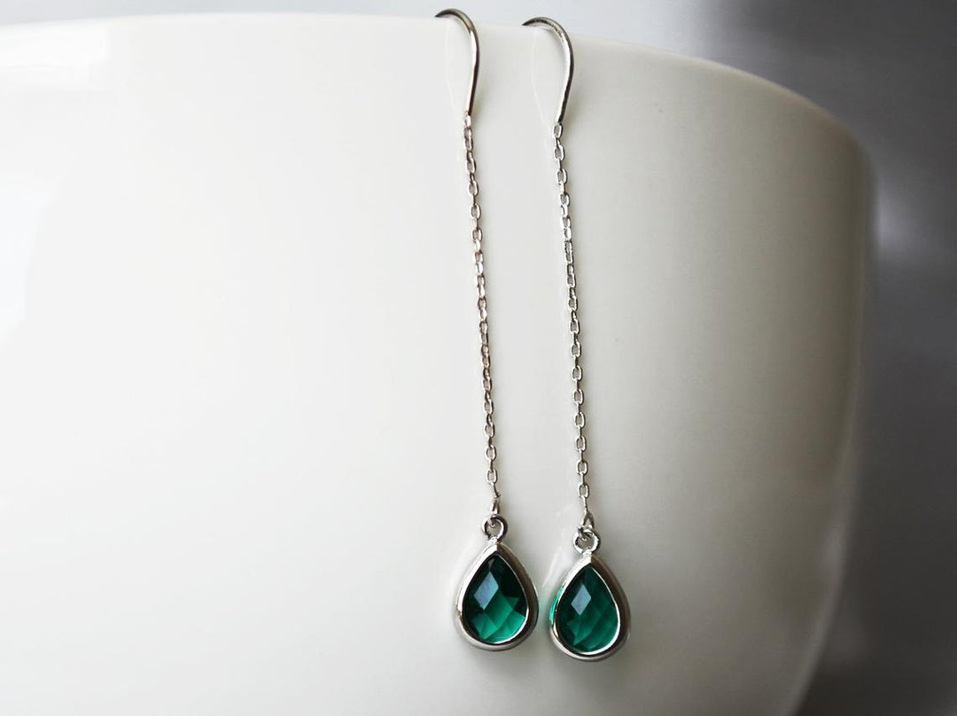 Emerald Birthstone earrings, May Drop earrings, Green Dainty Earrings, Bridesmaid earrings, Threader Tear Drop Earrings, May Birthday Gift