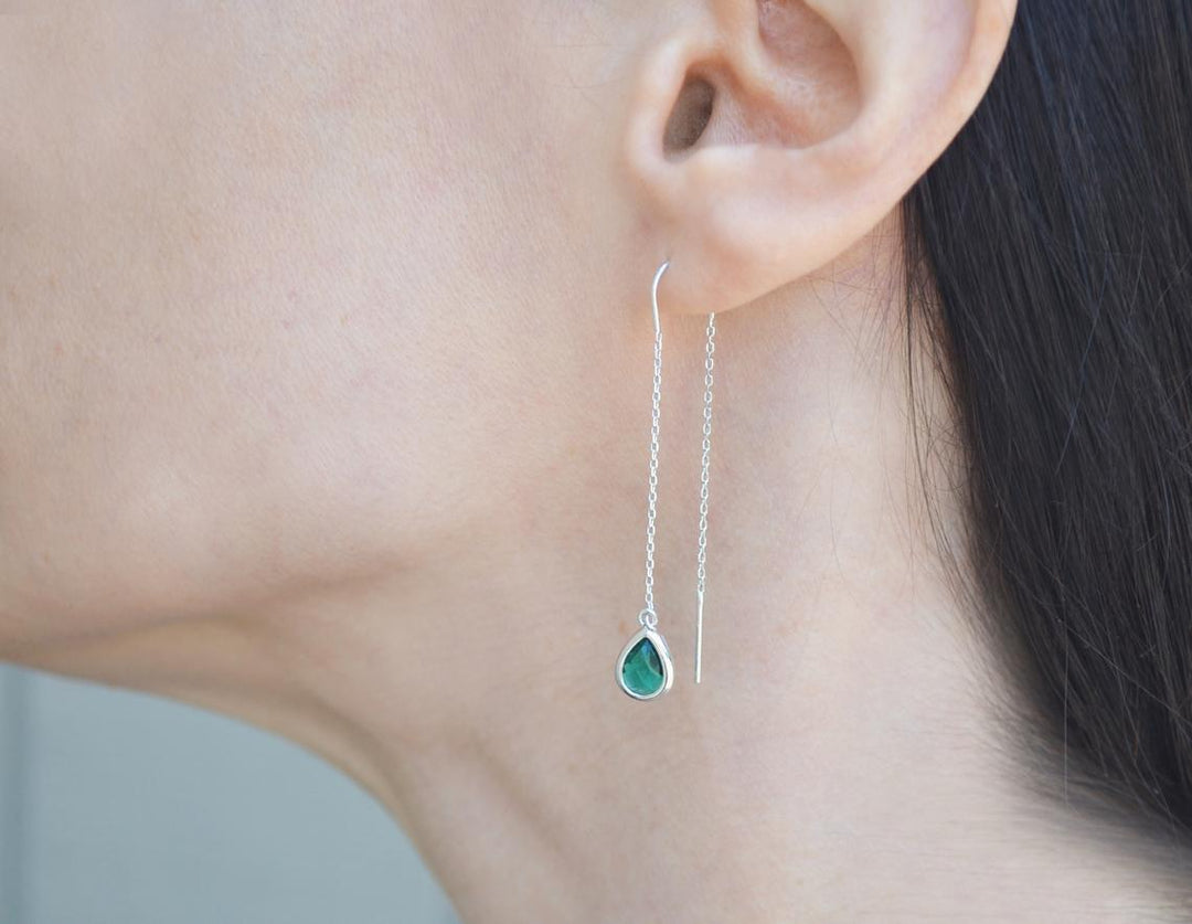 Emerald Birthstone earrings, May Drop earrings, Green Dainty Earrings, Bridesmaid earrings, Threader Tear Drop Earrings, May Birthday Gift