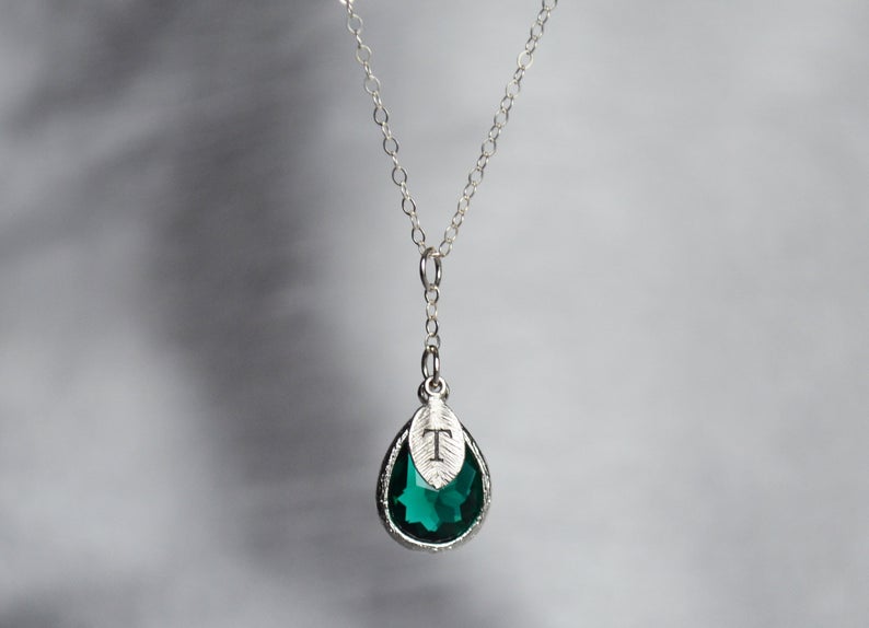Emerald Necklace, May Birthstone Necklace, Bridesmaid Gift, Mom Birthstone Necklace, Initial Necklace, Mom Gift, Grandma Necklace