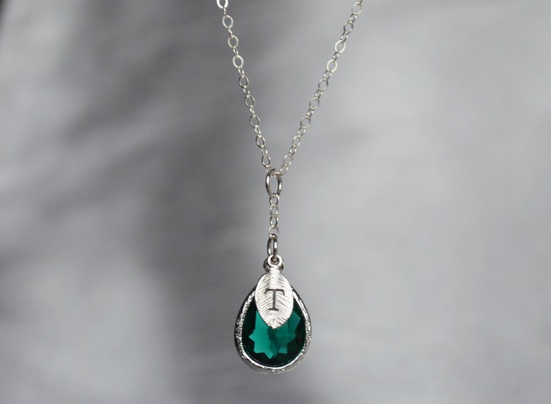 Emerald Necklace, May Birthstone Necklace, Bridesmaid Gift, Mom Birthstone Necklace, Initial Necklace, Mom Gift, Grandma Necklace