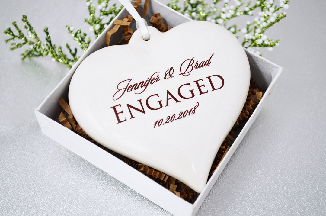 Engagement Ornament - Engagement Gift, Bridal Shower Gift, or Christmas Gift - Heart Shaped With Names and Date