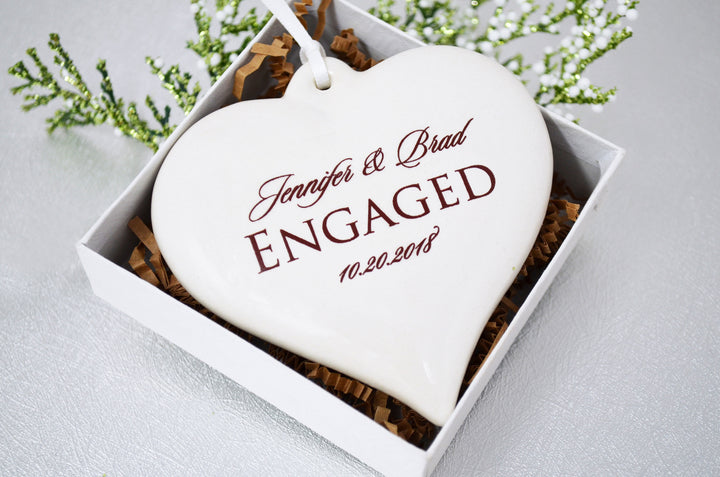 Engagement Ornament - Engagement Gift, Bridal Shower Gift, or Christmas Gift - Heart Shaped With Names and Date