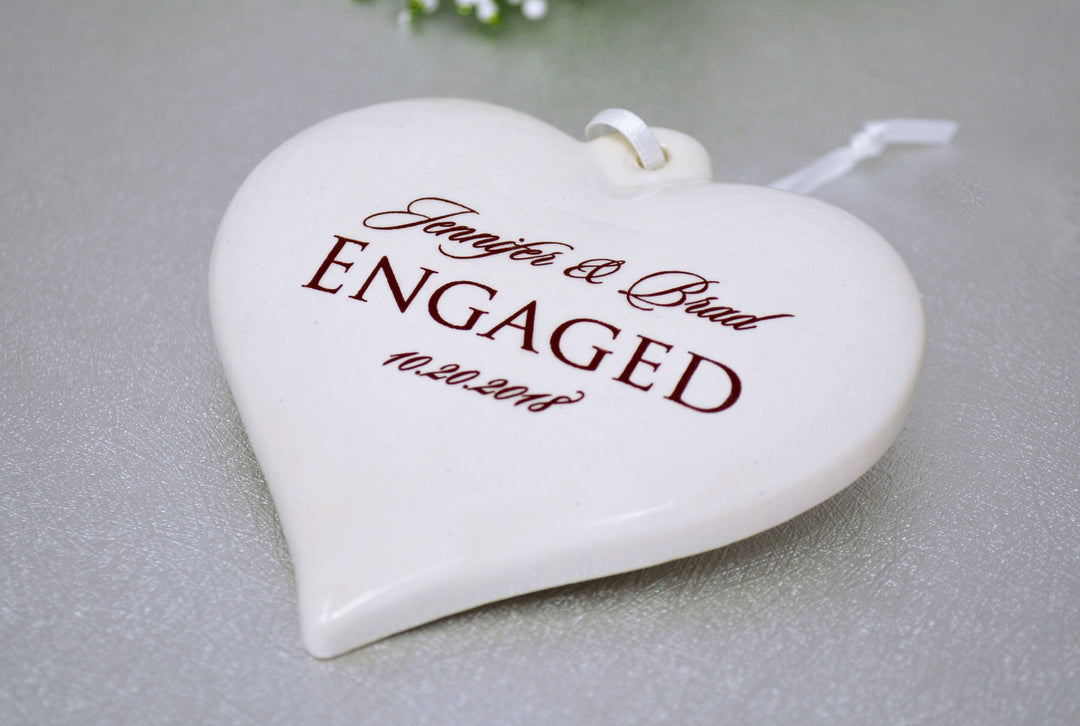 Engagement Ornament - Engagement Gift, Bridal Shower Gift, or Christmas Gift - Heart Shaped With Names and Date