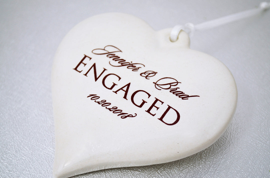 Engagement Ornament - Engagement Gift, Bridal Shower Gift, or Christmas Gift - Heart Shaped With Names and Date