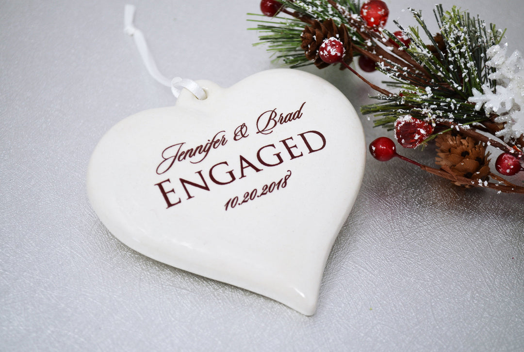 Engagement Ornament - Engagement Gift, Bridal Shower Gift, or Christmas Gift - Heart Shaped With Names and Date