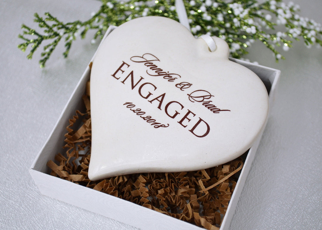 Engagement Ornament - Engagement Gift, Bridal Shower Gift, or Christmas Gift - Heart Shaped With Names and Date