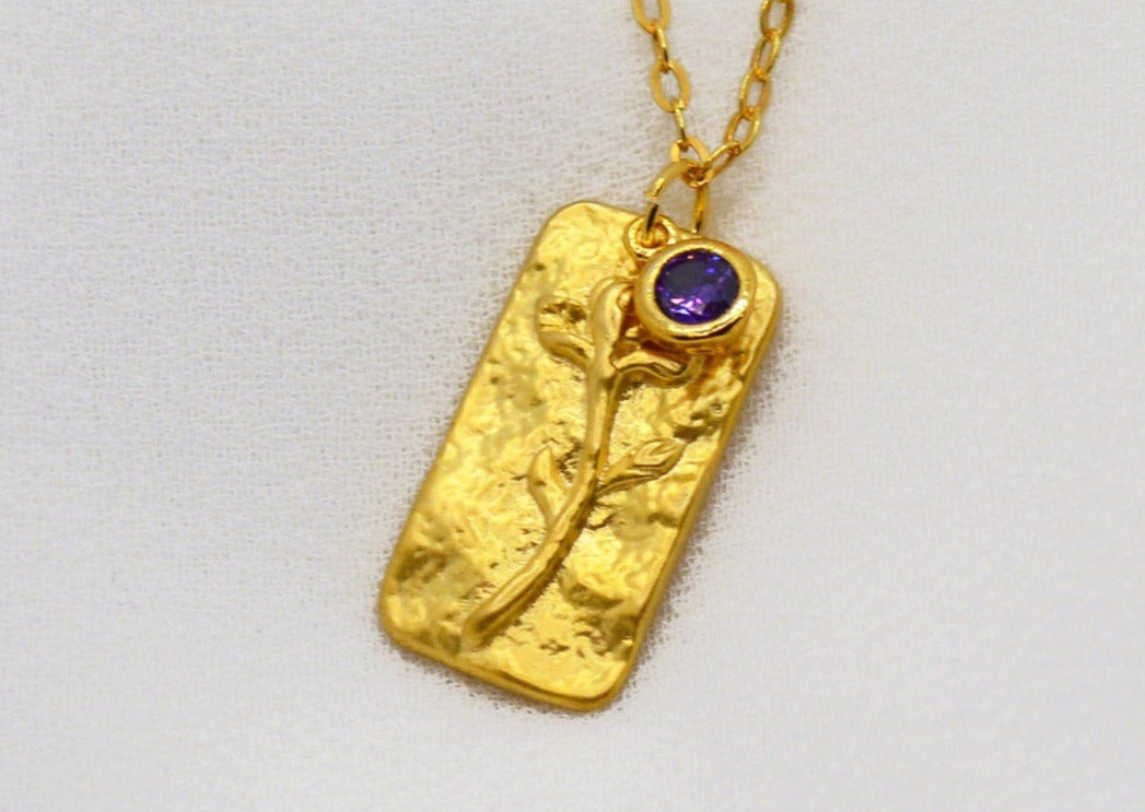 February Birth Flower Necklace, Birthstone Stone Necklace, Iris Birth Flower Necklace, Mom Gift, Personalized Necklace, Push Present