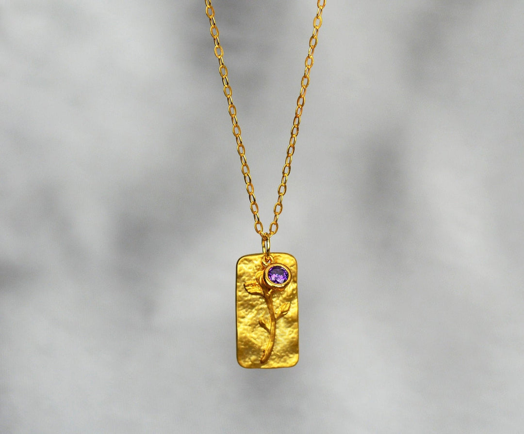 February Birth Flower Necklace, Birthstone Stone Necklace, Iris Birth Flower Necklace, Mom Gift, Personalized Necklace, Push Present