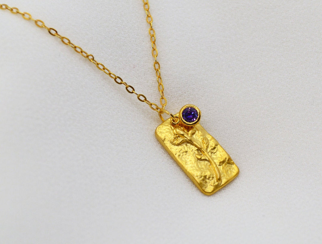 February Birth Flower Necklace, Birthstone Stone Necklace, Iris Birth Flower Necklace, Mom Gift, Personalized Necklace, Push Present