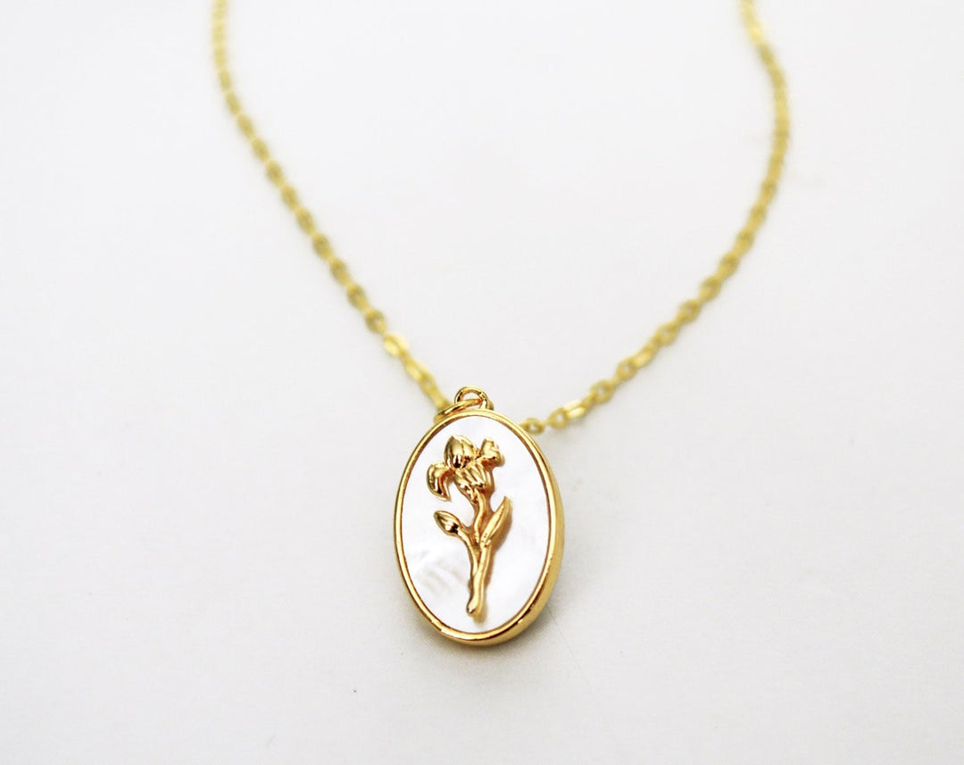 February Pearl Birth Flower Necklace - Iris - Birth Month Flower Jewelry
