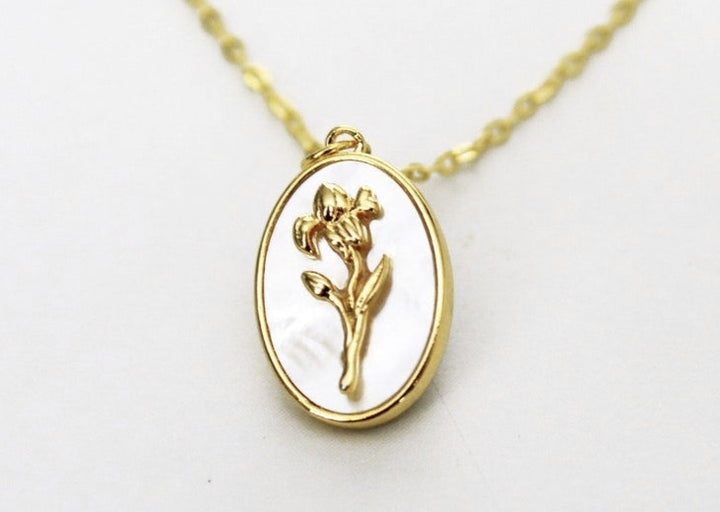 February Pearl Birth Flower Necklace - Iris - Birth Month Flower Jewelry