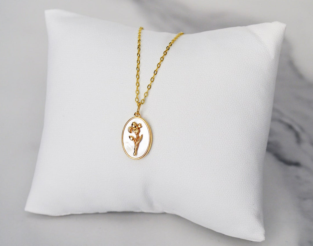 February Pearl Birth Flower Necklace - Iris - Birth Month Flower Jewelry