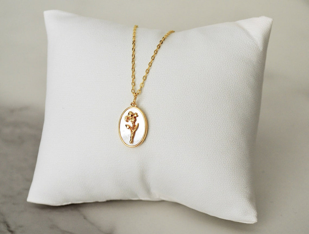 February Pearl Birth Flower Necklace - Iris - Birth Month Flower Jewelry
