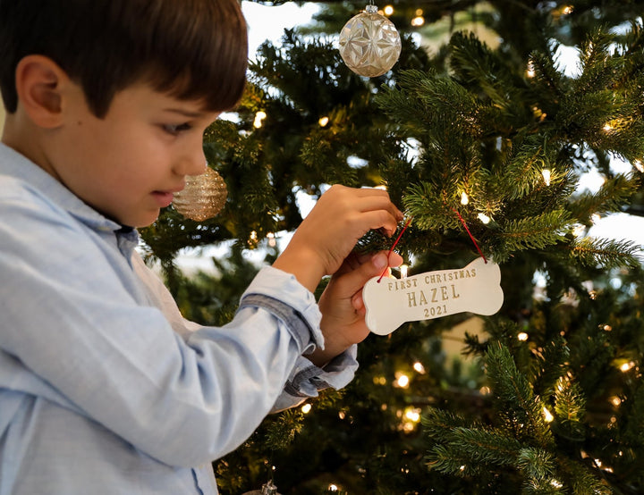 Large Personalized Dog Christmas Ornament with Name in Gold - Gift Packaged