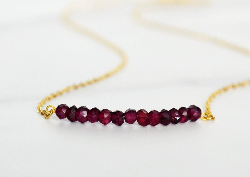 Garnet Birthstone Necklace, Garnet Beaded Bar Necklace, January Necklace, Bridesmaid Gift, Mom Necklace, January Birthday Gift for Her