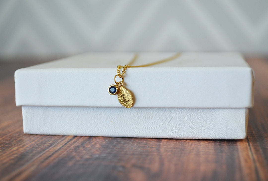 Gold Leaf Necklace, Birthstone Necklace, Mother's Day Gift, Bridesmaid Gift, Personalized Necklace, Birthday Gift, Necklace with Birthstone