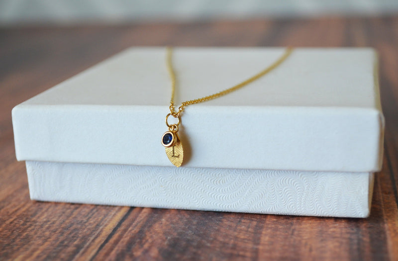 Gold Leaf Necklace, Birthstone Necklace, Mother&
