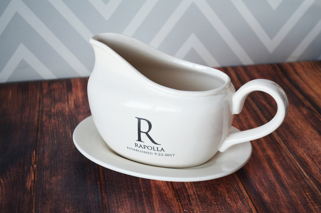 Gravy Boat with Saucer, Marriage Gifts - Personalized with Name and Date