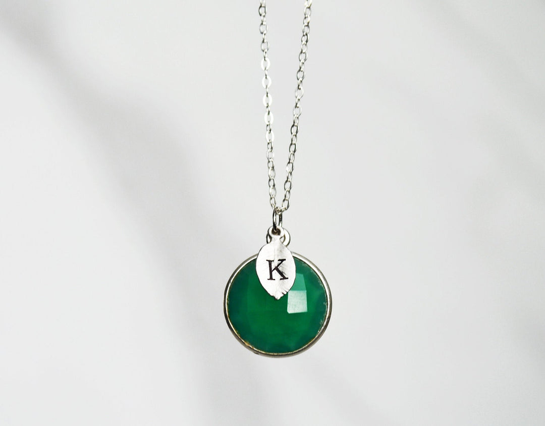 Green Onyx Necklace, May Birthstone Necklace, Bridesmaid Gift, 18K Gold or Sterling Silver, Gift for Wife, Personalized Round Necklace