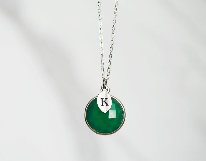 Green Onyx Necklace, May Birthstone Necklace, Bridesmaid Gift, 18K Gold or Sterling Silver, Gift for Wife, Personalized Round Necklace