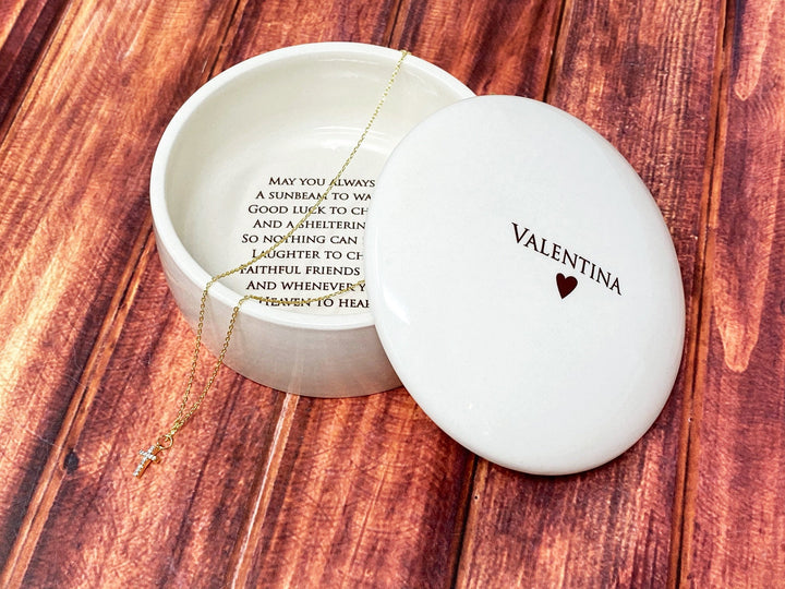 Irish Blessing Baptism Gift, Confirmation Gift, First Communion Gift, Godchild Gift - Round Keepsake Box with Diamond Cross Necklace