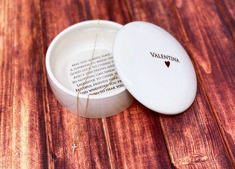 Irish Blessing Baptism Gift, Confirmation Gift, First Communion Gift, Godchild Gift - Round Keepsake Box with Diamond Cross Necklace