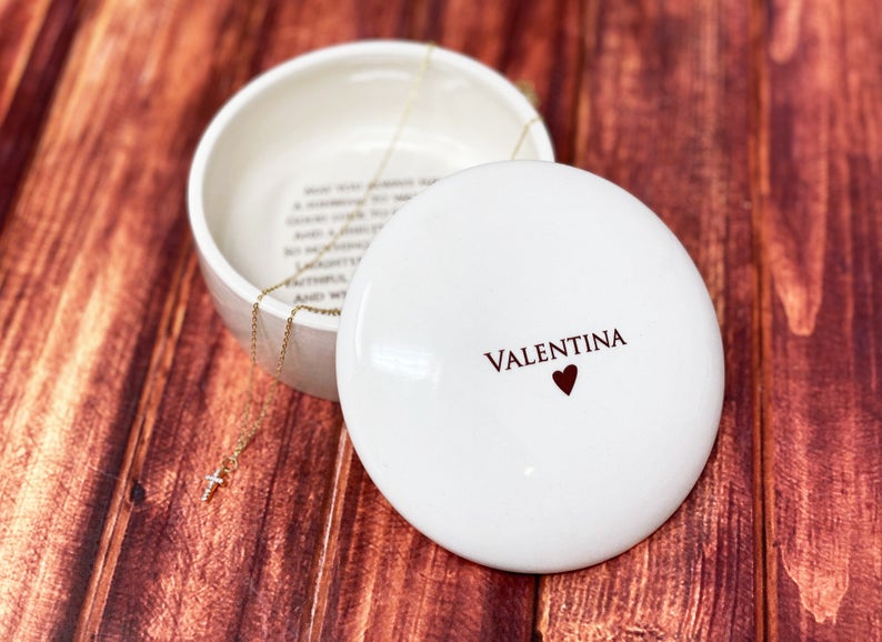 Irish Blessing Baptism Gift, Confirmation Gift, First Communion Gift, Godchild Gift - Round Keepsake Box with Diamond Cross Necklace
