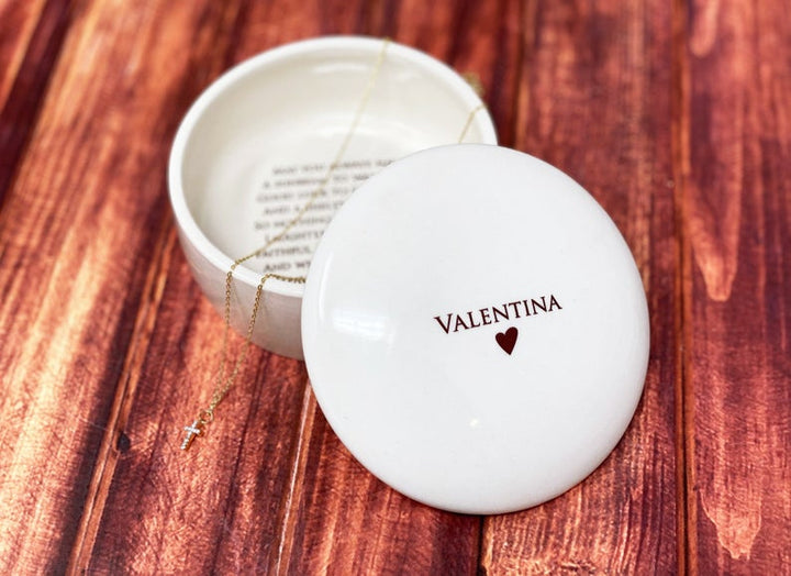 Irish Blessing Baptism Gift, Confirmation Gift, First Communion Gift, Godchild Gift - Round Keepsake Box with Diamond Cross Necklace