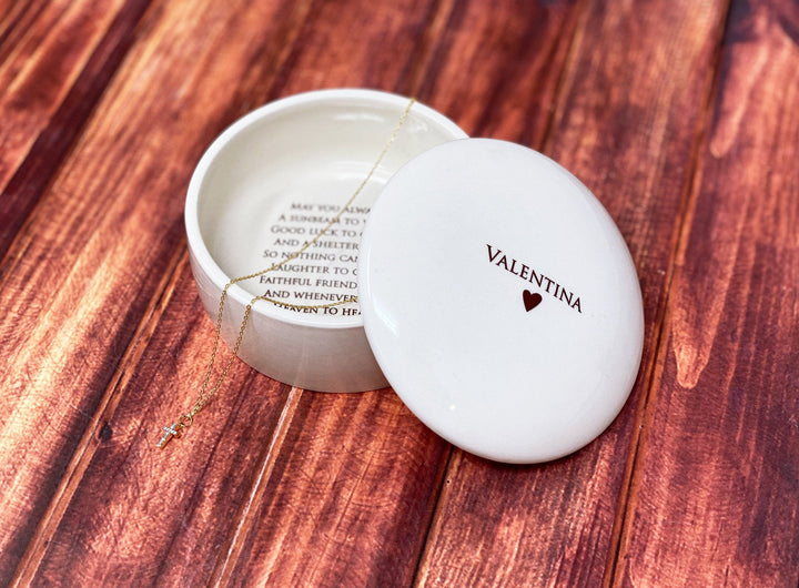 Irish Blessing Baptism Gift, Confirmation Gift, First Communion Gift, Godchild Gift - Round Keepsake Box with Diamond Cross Necklace