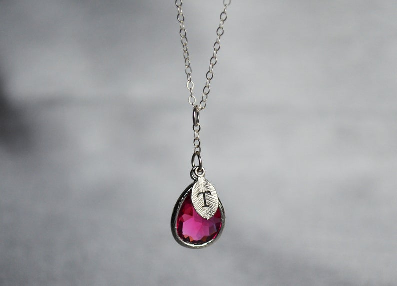 July Birthstone Necklace, Ruby Birthstone Necklace, Bridesmaid Gift, Mom Birthstone Necklace, Initial Necklace, Mom Gift, Grandma Necklace
