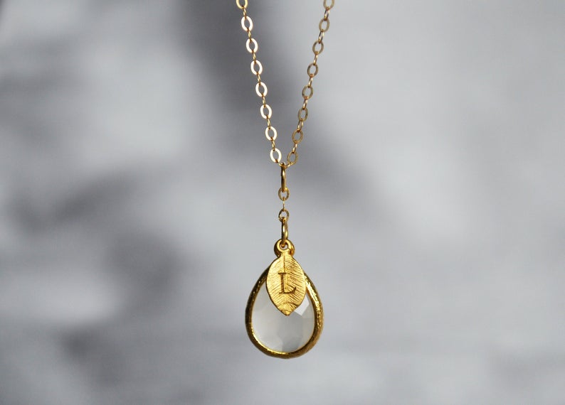 June Birthstone Necklace, Moonstone Necklace, Bridesmaid Gift, Mom Birthstone Necklace, Initial Necklace, Mom Gift, Grandma Necklace