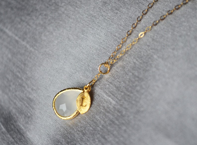 June Birthstone Necklace, Moonstone Necklace, Bridesmaid Gift, Mom Birthstone Necklace, Initial Necklace, Mom Gift, Grandma Necklace