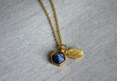 Lapis Necklace, Bridesmaid Necklace, Custom Initial Necklace, Leaf Necklace, Letter Necklace, Gift for her, Cobalt Blue Hexagon Necklace