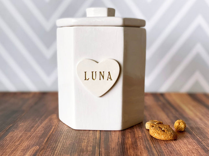 Large Hexagon Personalized Dog Treat Jar, Dog Gift, Puppy Gift, Dog Lover Gift, Treat Jar with Heart Tile and Name