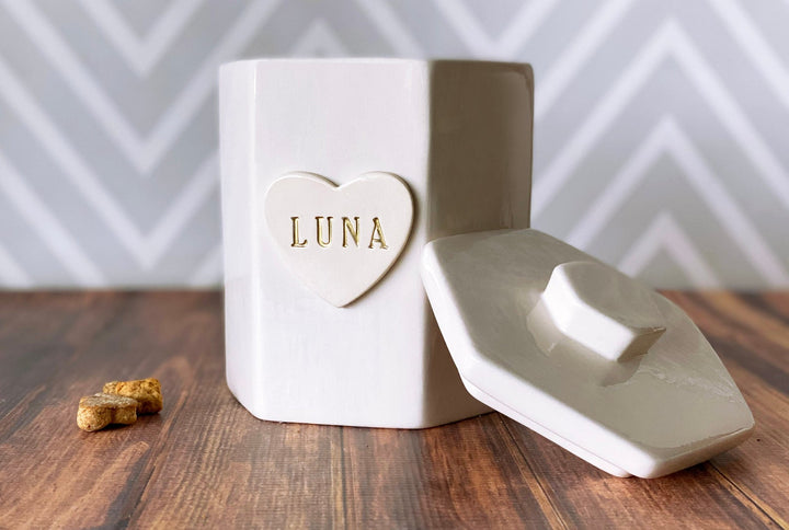 Large Hexagon Personalized Dog Treat Jar, Dog Gift, Puppy Gift, Dog Lover Gift, Treat Jar with Heart Tile and Name
