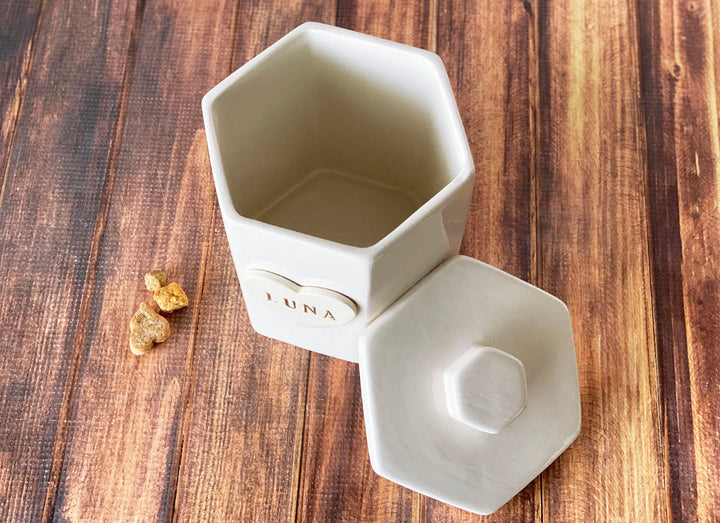 Large Hexagon Personalized Dog Treat Jar, Dog Gift, Puppy Gift, Dog Lover Gift, Treat Jar with Heart Tile and Name