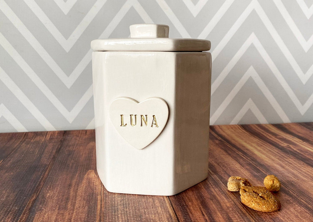 Large Hexagon Personalized Dog Treat Jar, Dog Gift, Puppy Gift, Dog Lover Gift, Treat Jar with Heart Tile and Name