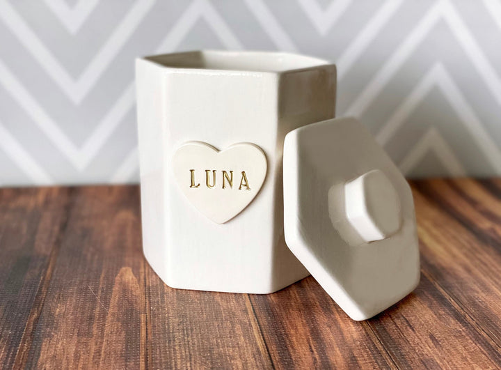 Large Hexagon Personalized Dog Treat Jar, Dog Gift, Puppy Gift, Dog Lover Gift, Treat Jar with Heart Tile and Name