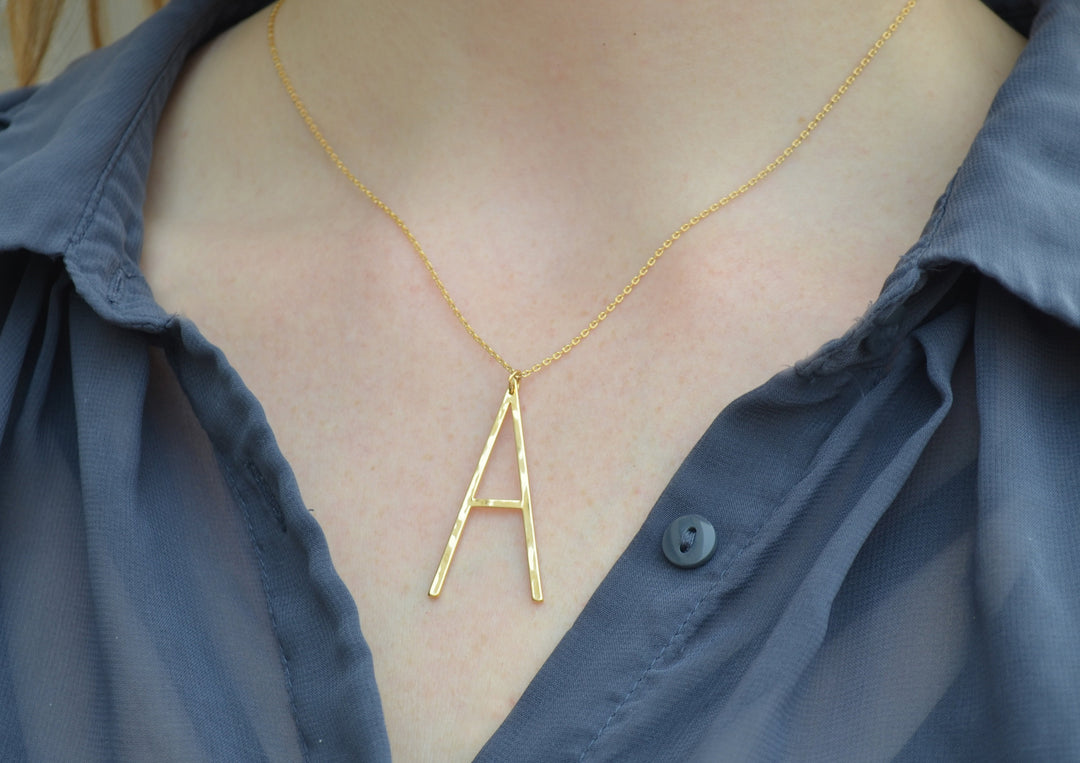 Large Initial Necklace, Hammered Large Letter Necklace, Birthstone Necklace, Oversized initial