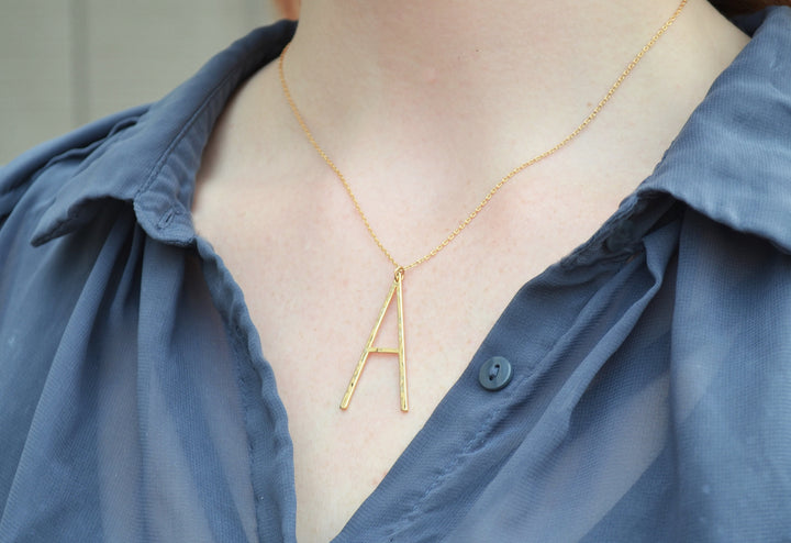 Large Initial Necklace, Hammered Large Letter Necklace, Birthstone Necklace, Oversized initial