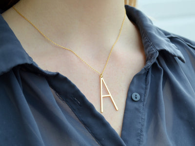 Large Initial Necklace, Hammered Large Letter Necklace, Birthstone Necklace, Oversized initial