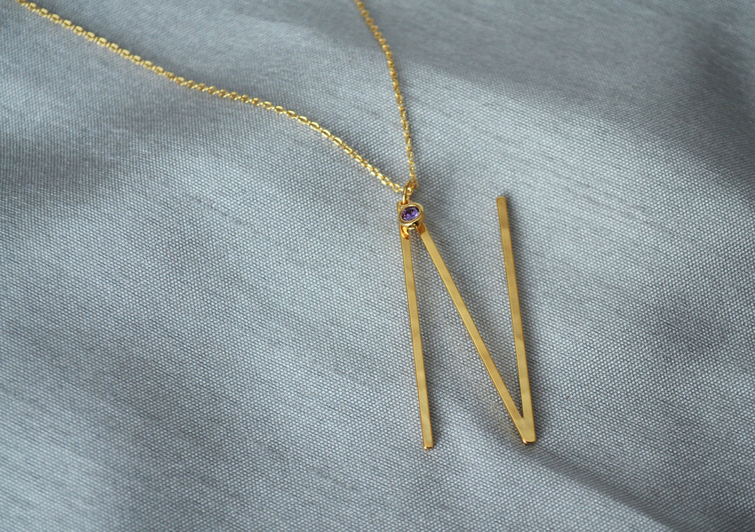 Large Initial Necklace, Hammered Large Letter Necklace, Birthstone Necklace, Oversized initial