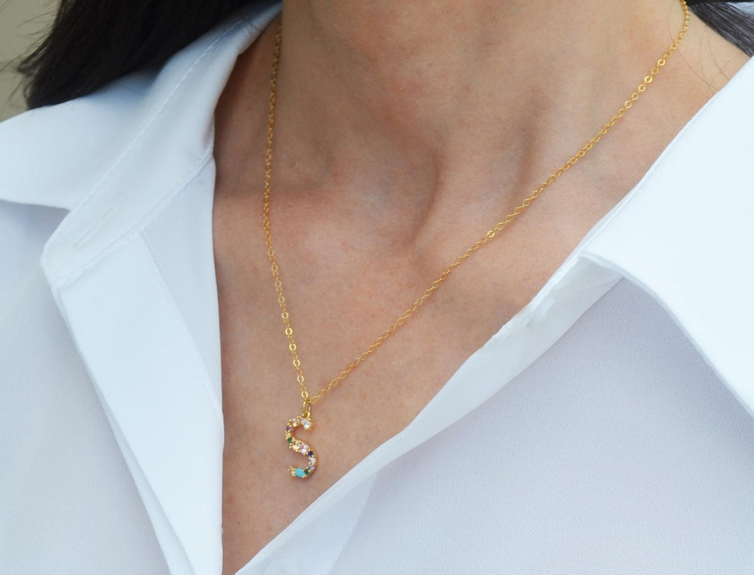 Letter Necklace, Initial Necklace, Friend Gift, Mom Gift, 18K Gold Plated Rainbow Necklace