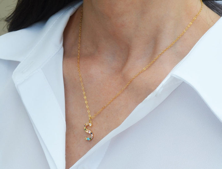 Letter Necklace, Initial Necklace, Friend Gift, Mom Gift, 18K Gold Plated Rainbow Necklace