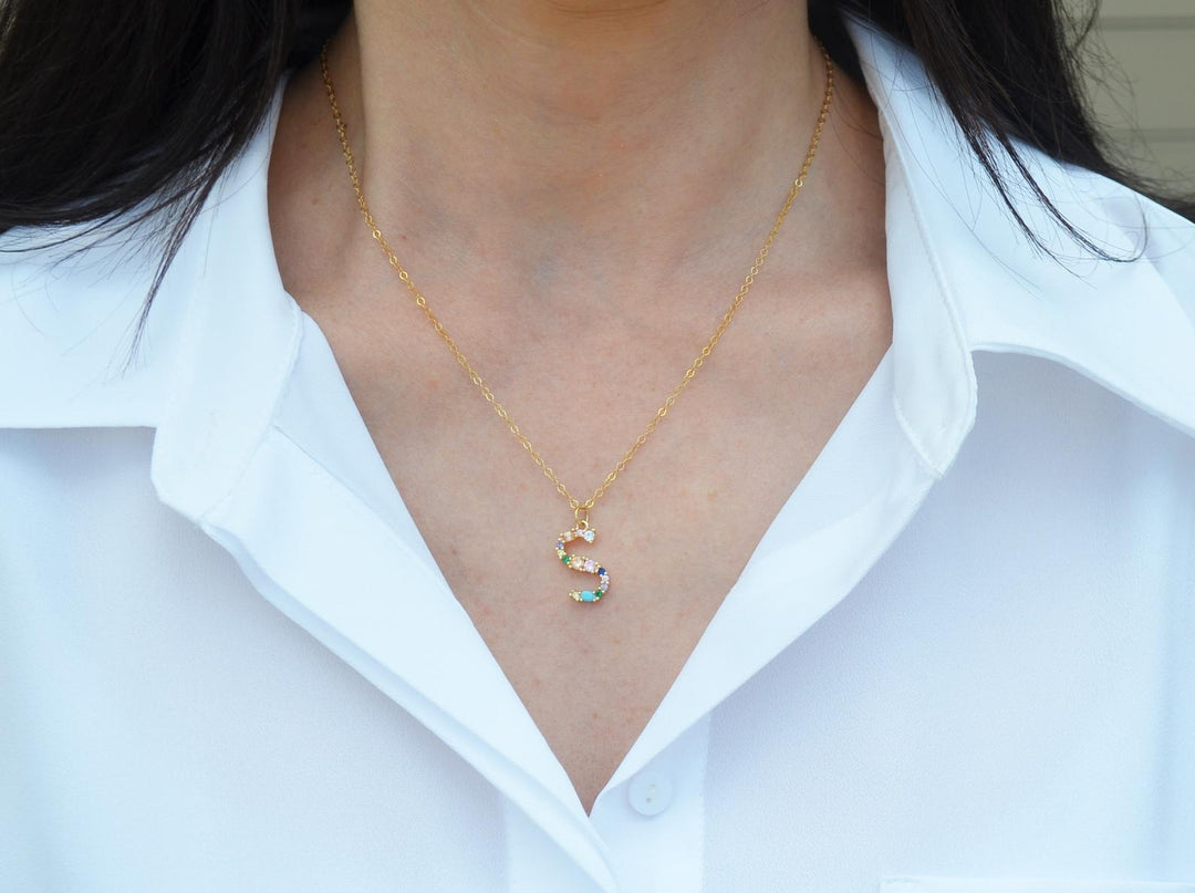 Letter Necklace, Initial Necklace, Friend Gift, Mom Gift, 18K Gold Plated Rainbow Necklace