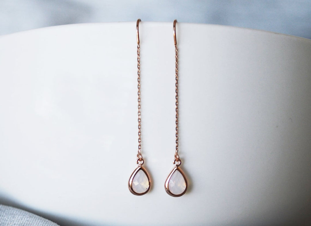 Light Pink Opal Threader Drop earrings, Dainty October Birthstone earrings, October Drop earrings, Bridesmaid earrings, Birthday Gift